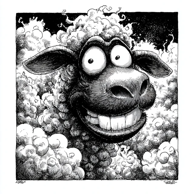 Black Sheep Cartoon Illustration Pen and Ink