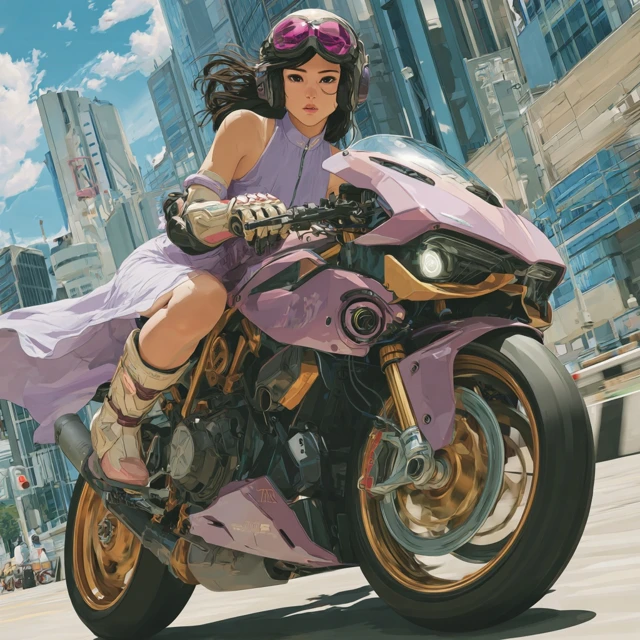 Anime Woman on Motorbike Racing in Futuristic City