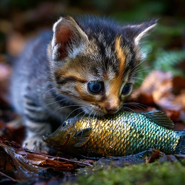 Tiny Kitten Confronts Giant Fish A Whimsical Scene