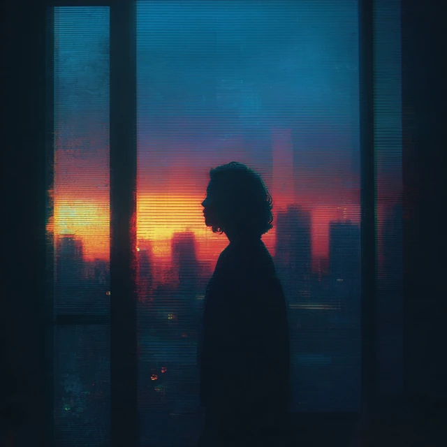 Woman at Window Cityscape Dreamy Dusk