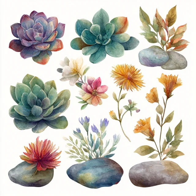 Watercolor Succulents Flowers Stones Clipart