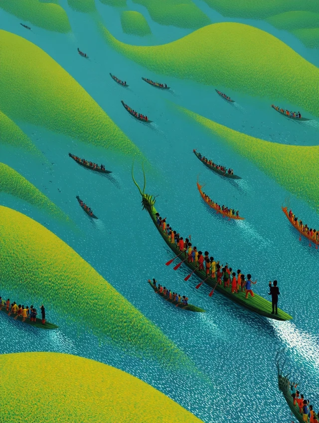 Dragon Boat Race Chinese Landscape Painting