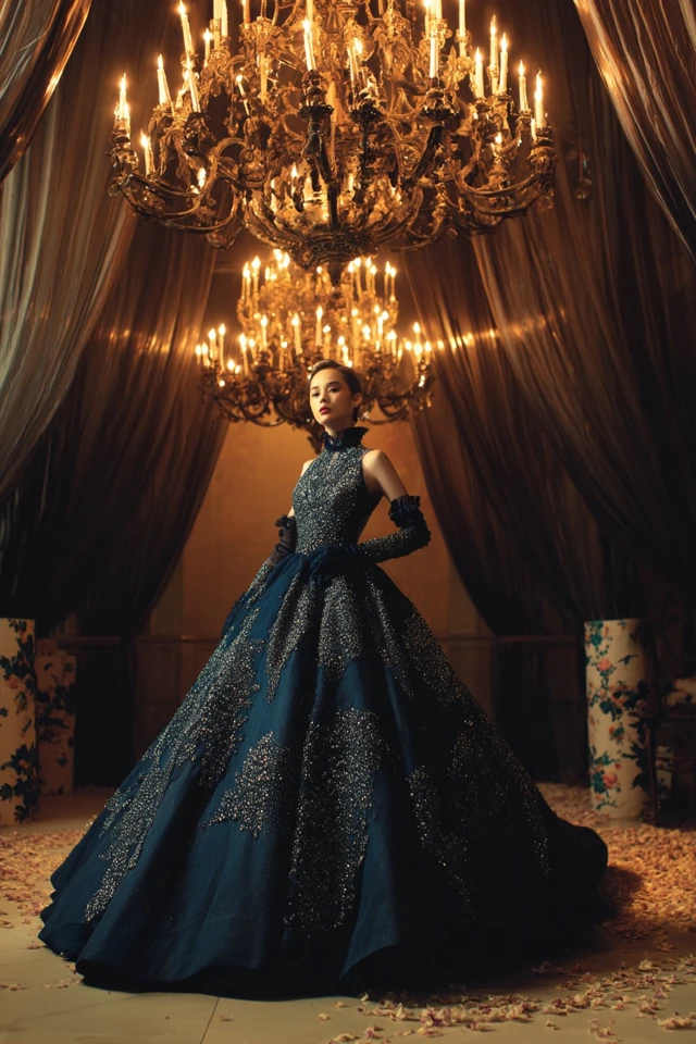Baroque Woman in Ball Gown Under Chandelier