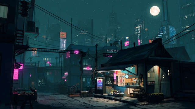 Cyberpunk Metropolis Under the Full Moon 8K