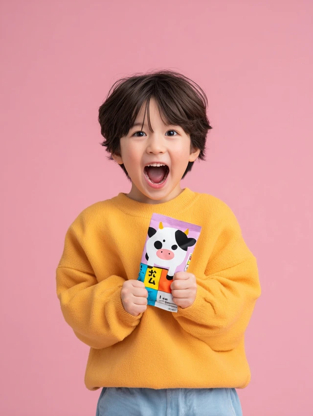 Happy Japanese Boy with Snack Commercial Style