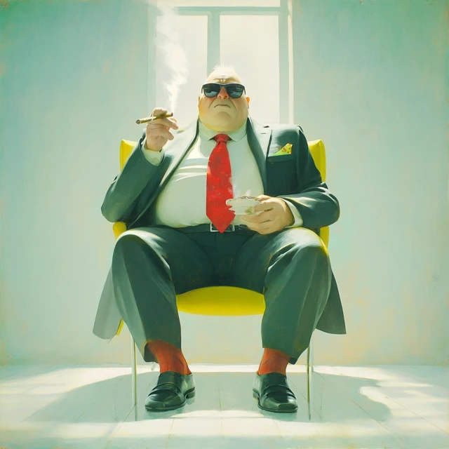 Fat Man in Sunglasses Cigar and Chair