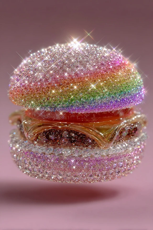 Rainbow Iced Out Bejeweled Floating Burger Art