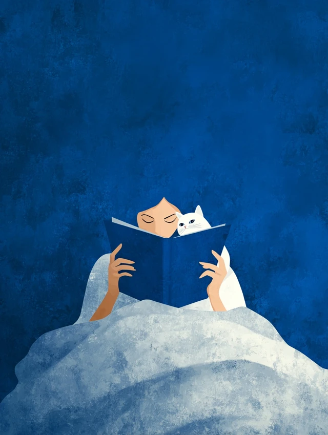 Woman Reading in Bed with Cat Minimalist Art