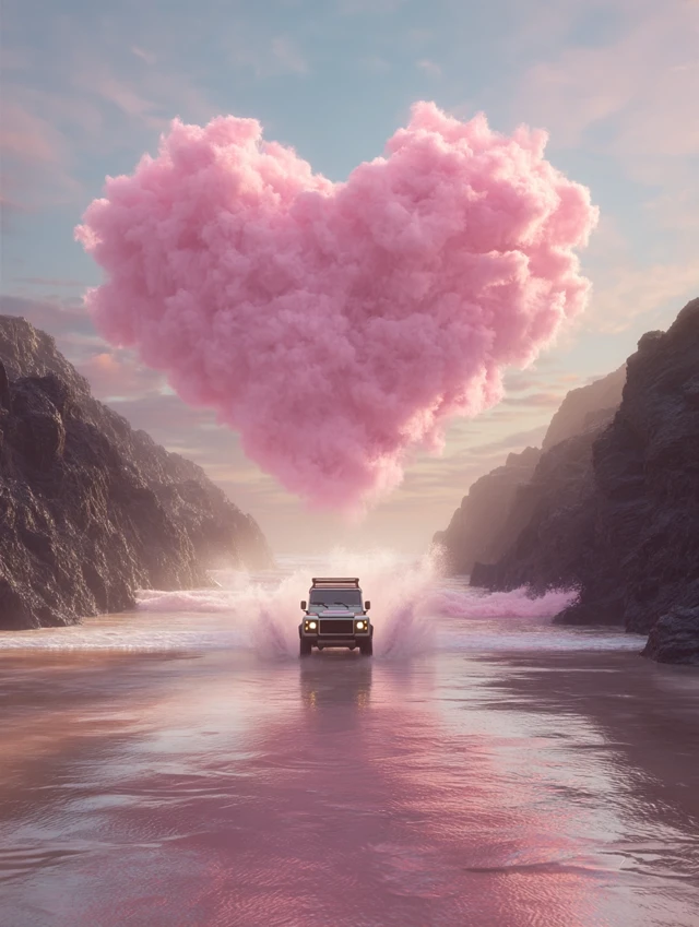 Land Rover Defender Heart Cloud Ocean Scene CGI