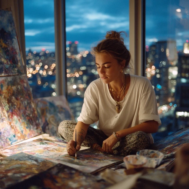 Artist Painting in Apartment at Twilight
