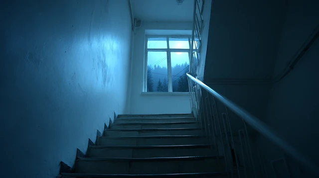 Dimly Lit Staircase at Night Cinematic Scene