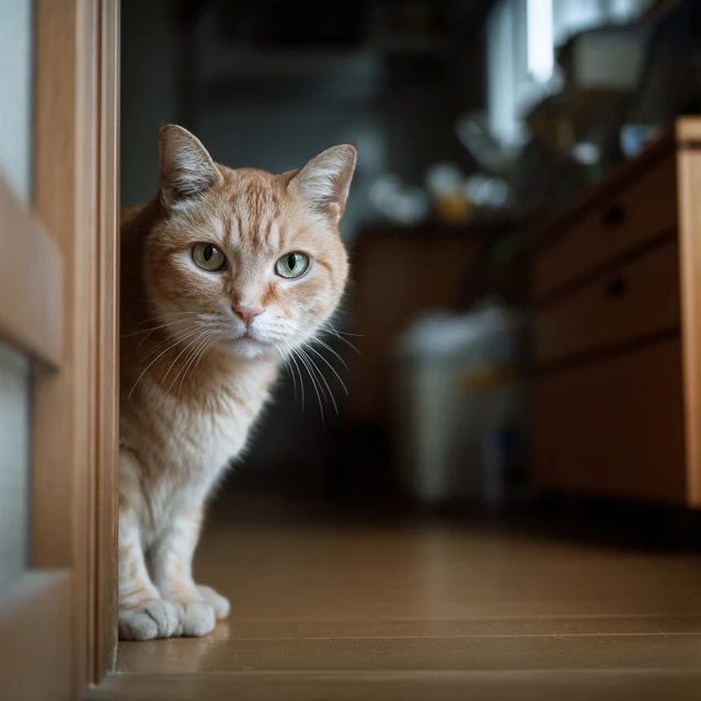 Curious Cat Staring Intently Indoors