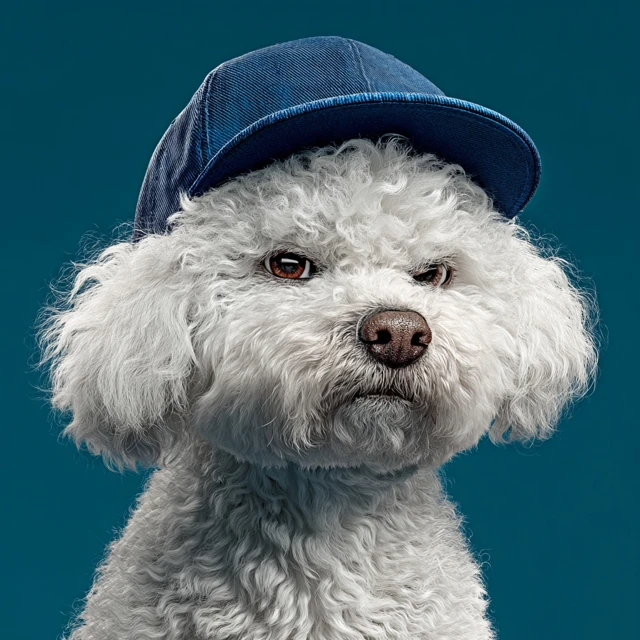 Bichon Frise Dog in Blue Cap Photorealistic