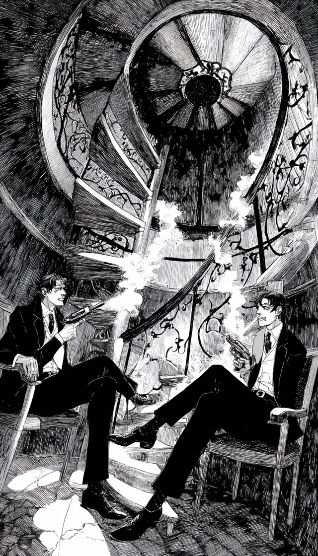 Manga Scene Two Men with Guns on Staircase