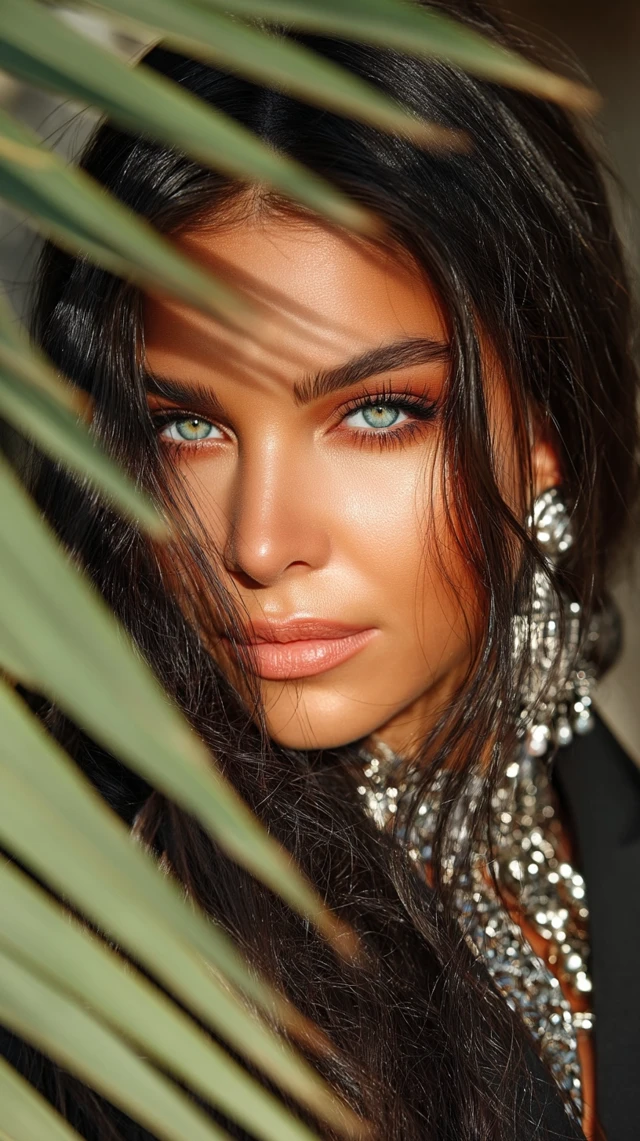 Beautiful Woman Portrait with Green Eyes and Palm Leaves