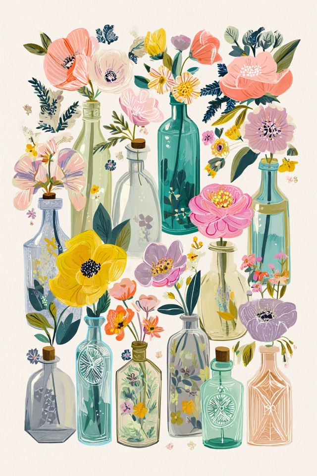 Vintage Glass Bottles with Flowers Nursery Decor Art Print