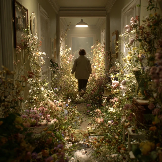 Dreamlike Hallway Old Woman Floral Scene