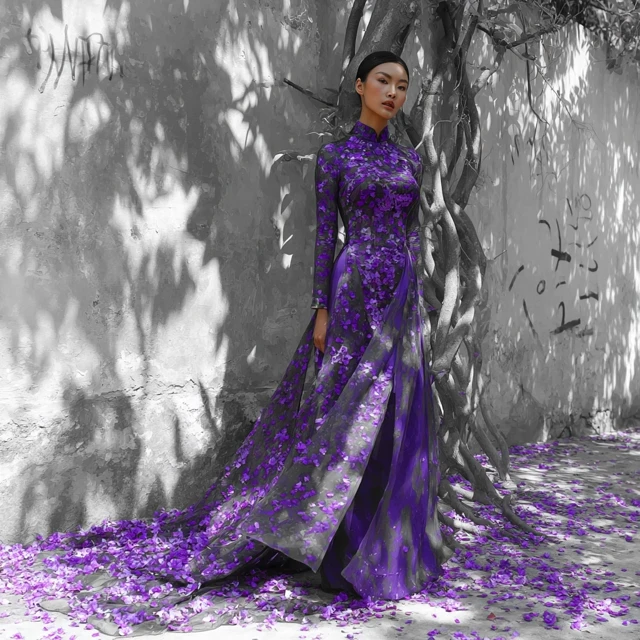 Vietnamese Woman in Ao Dai Violet Flowers Photo