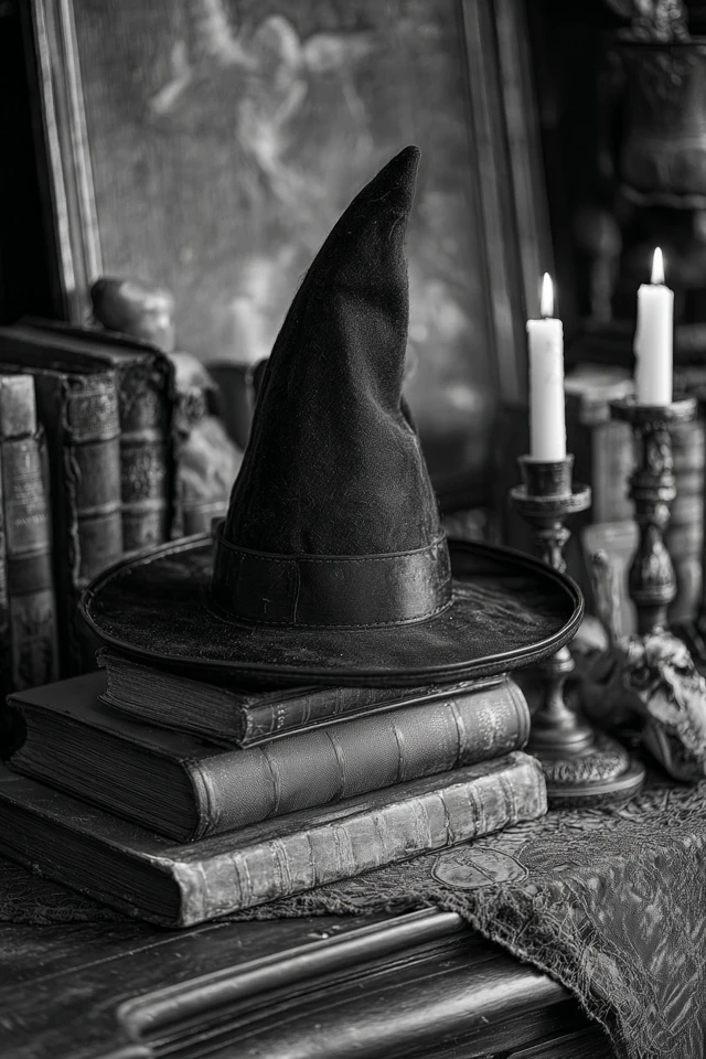 Witch Hat on Books Candles Gothic Art