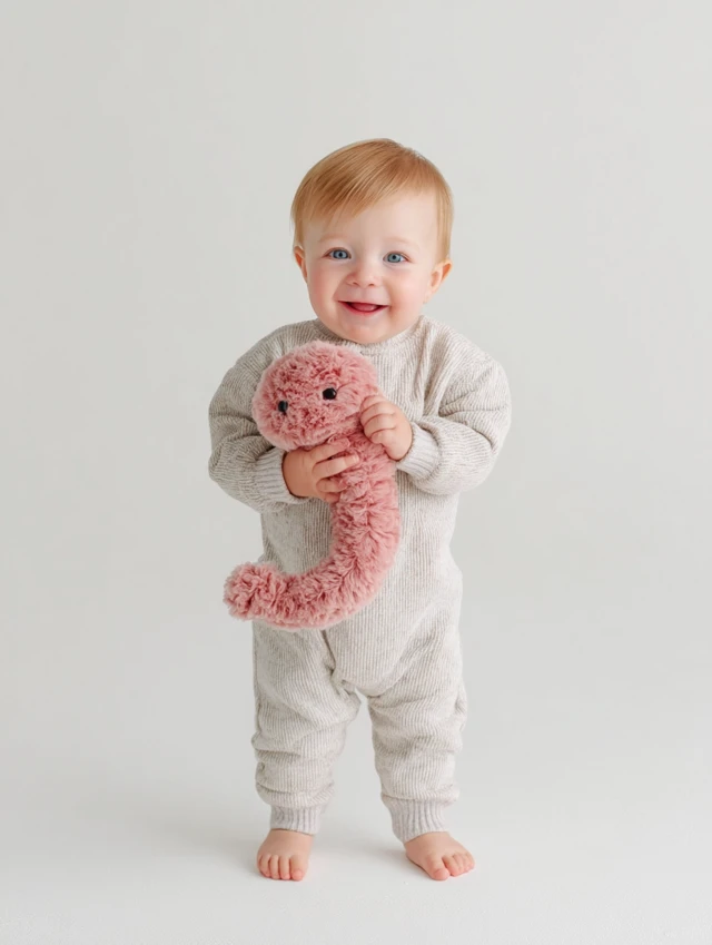 Happy Baby Boy with Funny Plush Toy Studio Photography