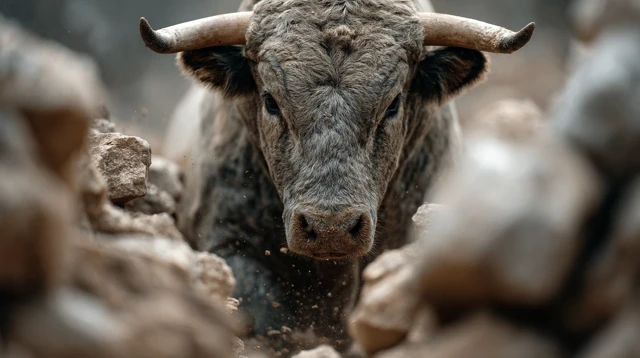 Raging Bull Crashing Through Stone Wall Stock Photo
