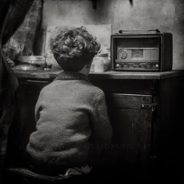 Boy with Radio Black and White Photo