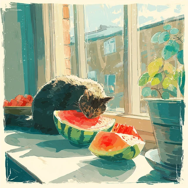 Cat Eating Watermelon Summer Illustration