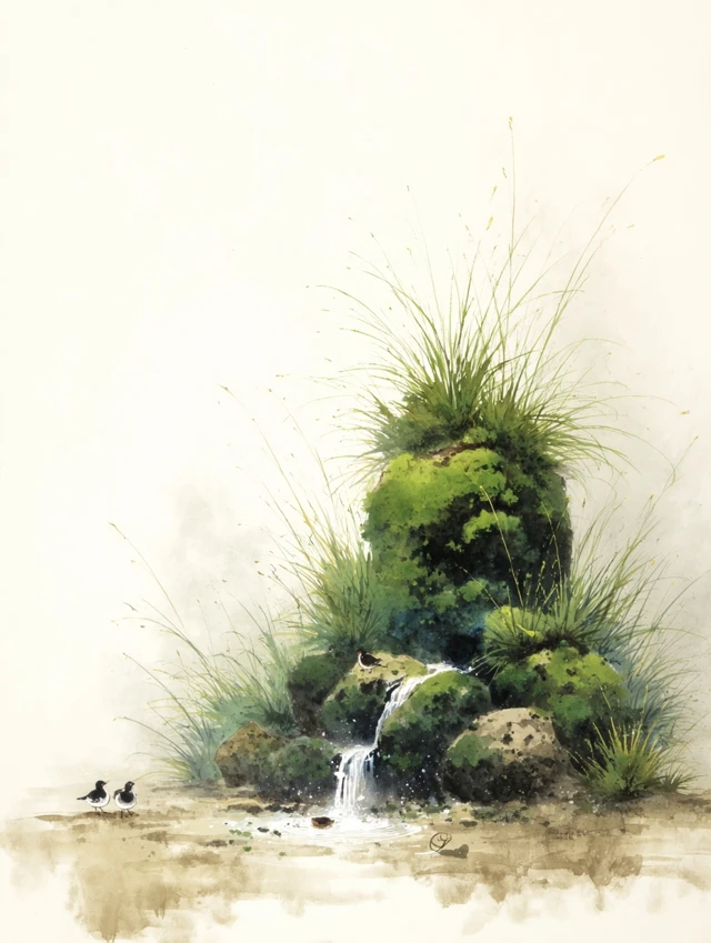 Japanese Ink Painting Water and Birds