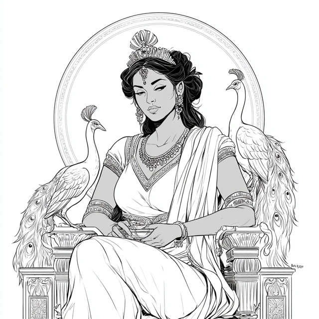 Goddess Hera Coloring Page with Peacock and Crown