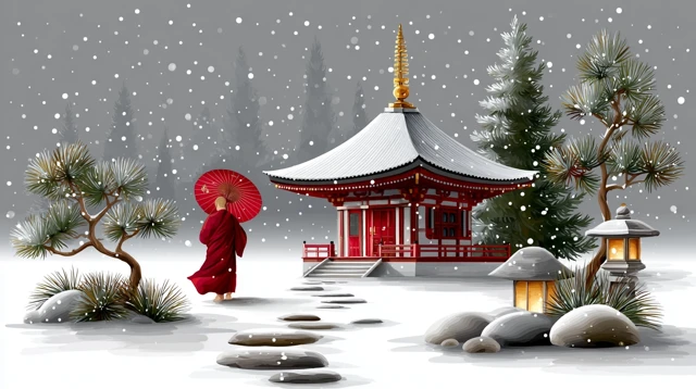 Japanese Winter Temple Garden Monk Sumi e Art
