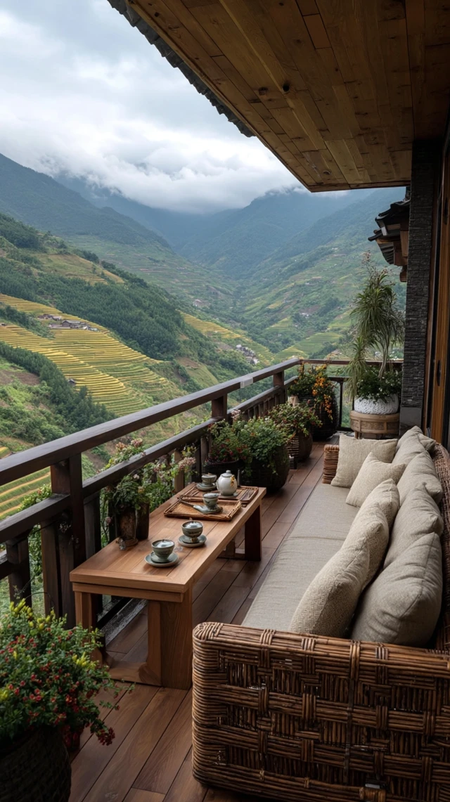 Mountain Balcony Serenity Terraced Fields Tea Time
