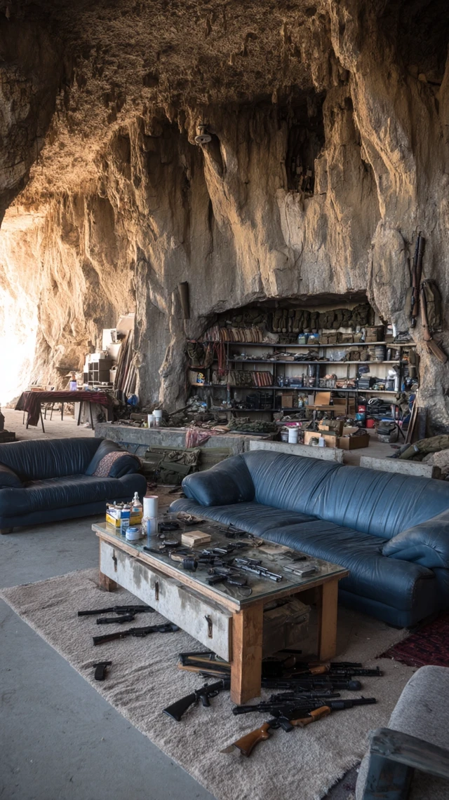 Cave Shelter Living Room - Concrete Walls, Weapons and Supplies