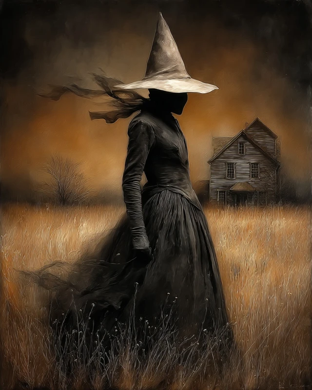 Eerie Witch in Black Robes Fantasy Art Painting