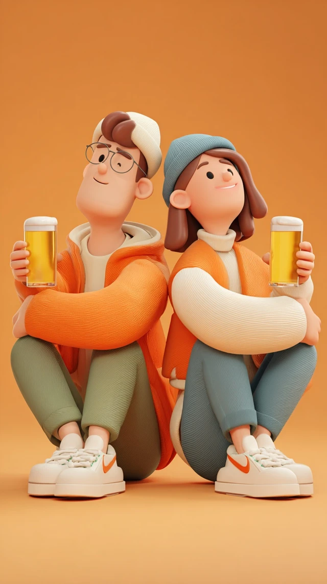 3D Cartoon Couple Enjoying Beer