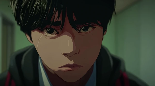 Anime Portrait of a Melancholic Boy In School Uniform