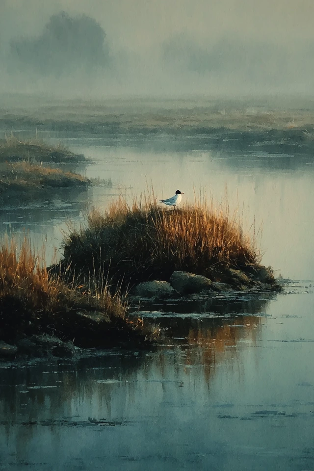 Misty Morning Island Black Headed Gull