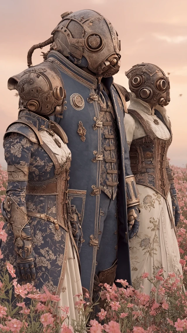 Steampunk Rococo Aristocrats in Field of Flowers