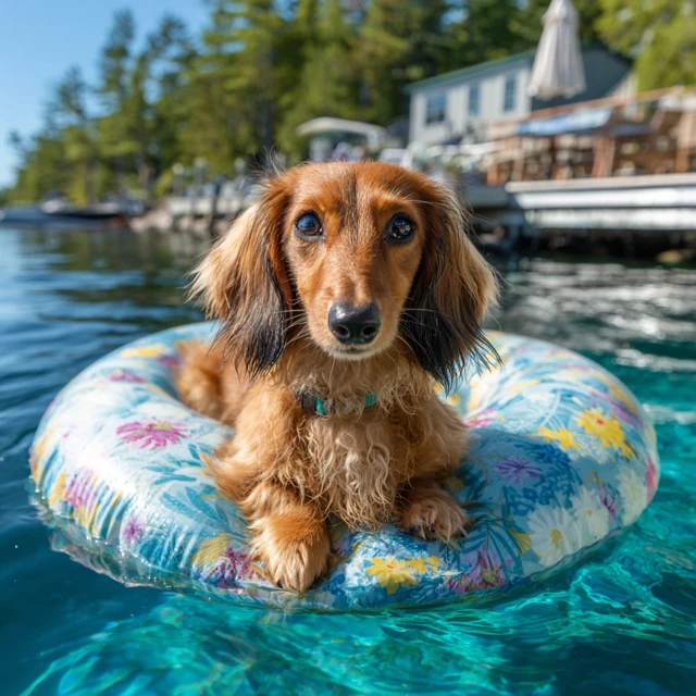 Dachshund on a Float Relaxing in Ontario Lake
