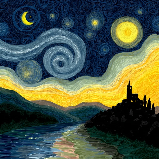 Starry Night Landscape Painting Inspired by Van Gogh