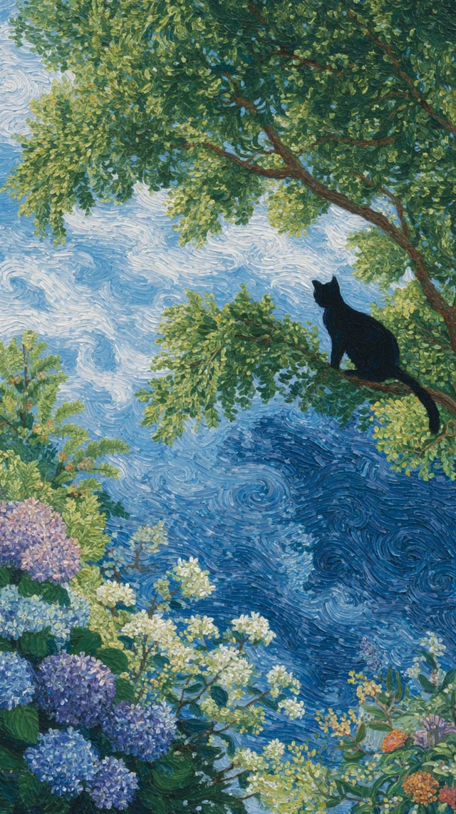 Black Cat in a Tree Dreamy Nature Painting
