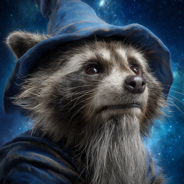 Wizard Raccoon Portrait with Cosmic Background