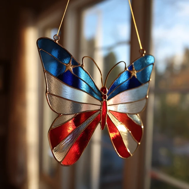 American Flag Stained Glass Butterfly Suncatcher