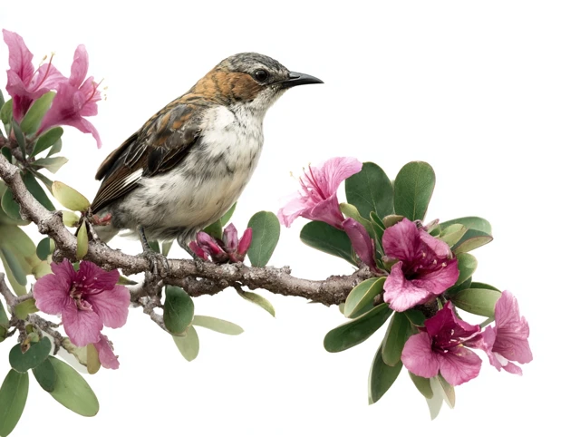 Bird on Branch with Pink Flowers Photography