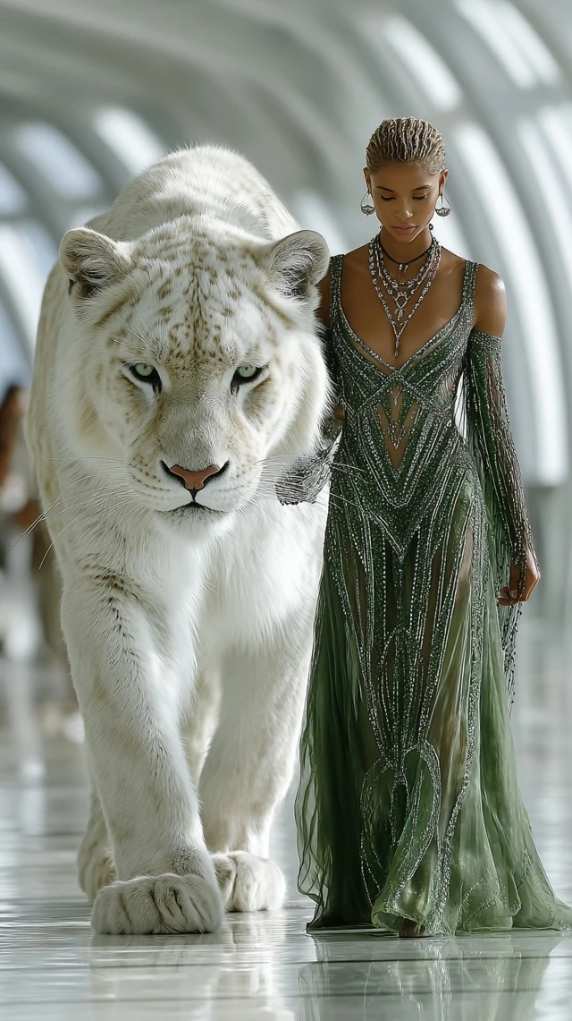 Elegant Model and White Panther Guardian Couture
