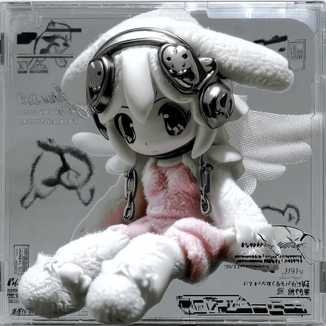 Cute Chibi Doll Bunny Angel Wings Monochrome
