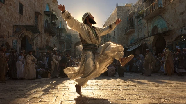 King David Dancing in Jerusalem at Golden Hour