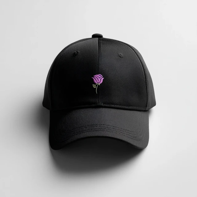 Black Baseball Cap with Embroidered Rose - Stylish and Modern