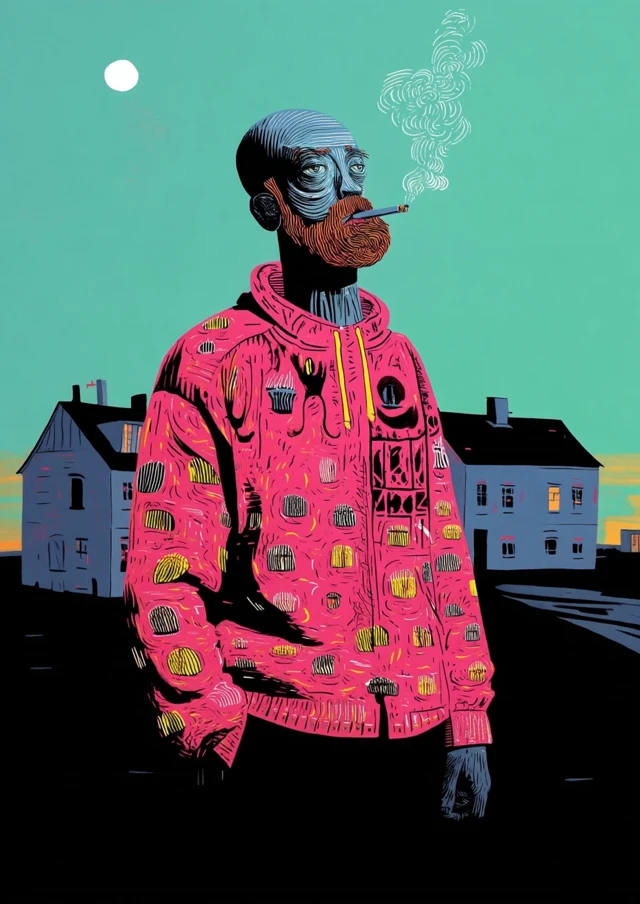 Impasto Painting of a Man Smoking in Swedish Countryside