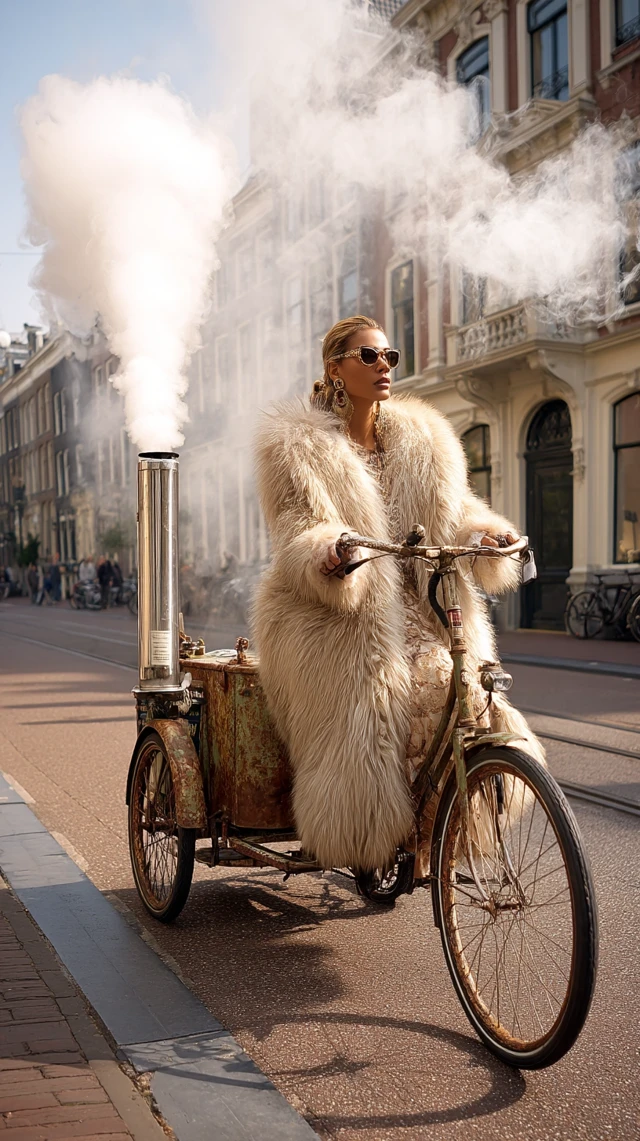 Luxury Fur Coat Bicycle on City Street Photograph