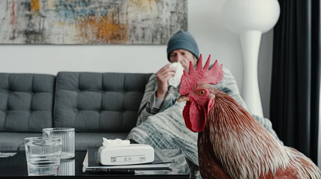 Sick Rooster Cozy at Home Photographic Style